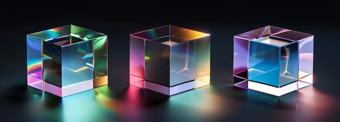 Set of crystal glass cubes. Realistic rendering showcasing the refraction of light and holographic effects, perfect for modern design elements or physics illustrations. - obrazy, fototapety, plakaty