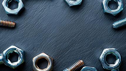 Assorted nuts and bolts scattered on a textured grey surface. - obrazy, fototapety, plakaty