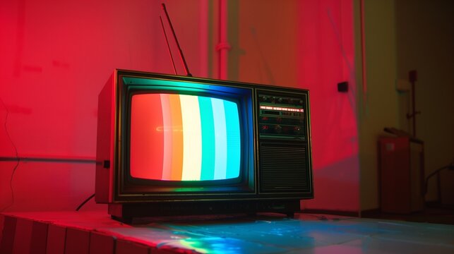 Retro TV with signal failure. Vintage television set displaying colorful test bars in a room bathed in red light, creating a nostalgic and atmospheric scene.