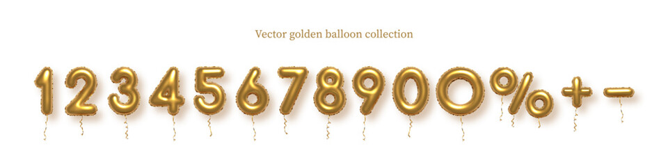 Birthday golden balloon numbers isolated on white background. Set of gold yellow isolated numbers. Bright metallic 3D realistic vector design elements for anniversary, celebration, party, sale