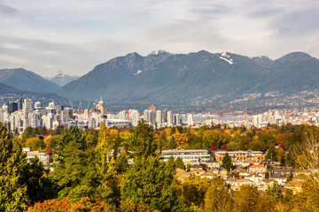 Beautiful view of Vancouver skyline with mountains of British Columbia.