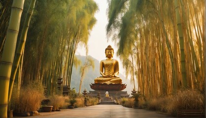 bamboo trees landscape with giant gold buddha statue from Generative AI