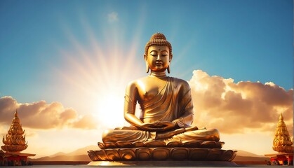 bright sun background with giant gold buddha statue from Generative AI