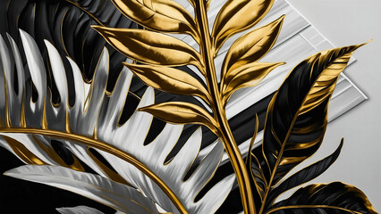 Golden palm leaves on white and black marble background, template, postcard - Vector illustration
