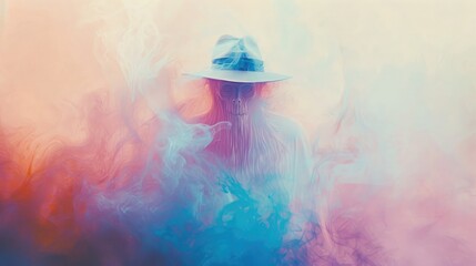 Ghost wearing a hat depicted in soft pastel hues