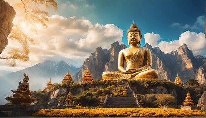 magical castle landscape with giant gold buddha statue from Generative AI