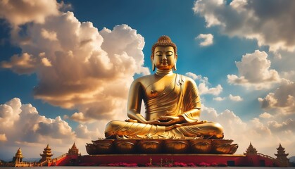 magical cloud sky landscape with giant gold buddha statue from Generative AI