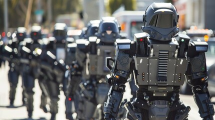 As a precaution against potential harm the riot control robots are equipped with advanced medical supplies and tools to provide immediate aid to injured individuals. . - obrazy, fototapety, plakaty