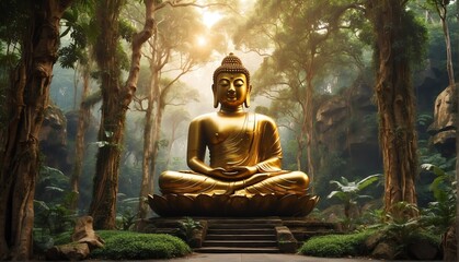 magical forest jungle with giant gold buddha statue from Generative AI