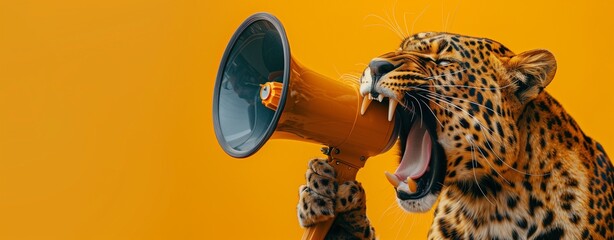 Commanding leopard with a megaphone. An arresting close-up image of a leopard roaring into a megaphone, set against a complementary yellow background
