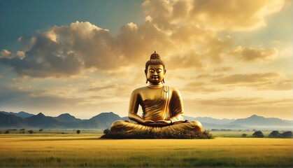 magical grasslands landscape with giant gold buddha statue from Generative AI