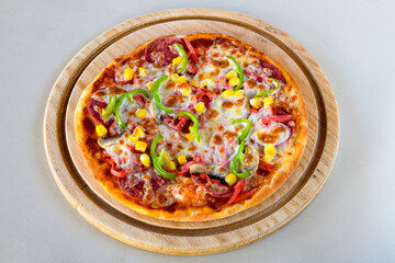 Delicious mixed pizza with rich content. Menu concept of choice and diversity. Pepperoni, Formaggi, Veggie, Karisik pizza