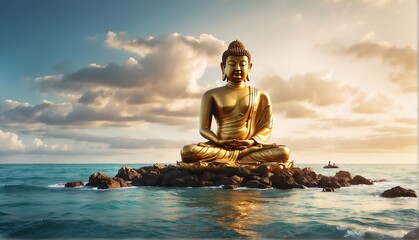 middle of ocean with giant gold buddha statue from Generative AI
