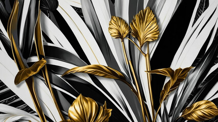 Golden palm leaves on white and black marble background, template, postcard - Vector illustration
