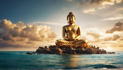 middle of ocean with giant gold buddha statue from Generative AI - obrazy, fototapety, plakaty