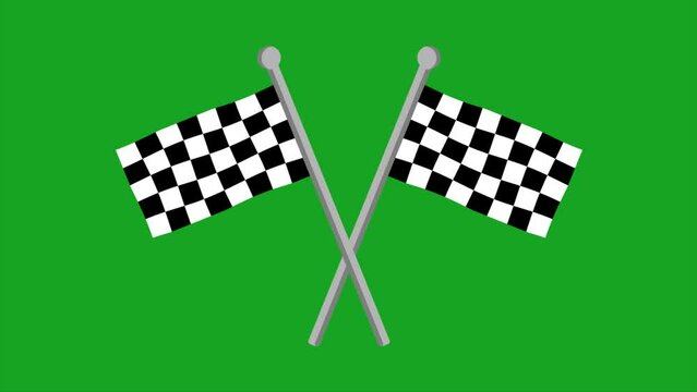 Race Cross table flag on Green screen, Race flag 3D Animation waving in the wind isolated on Green Background