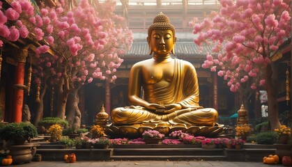 spring garden with giant gold buddha statue from Generative AI