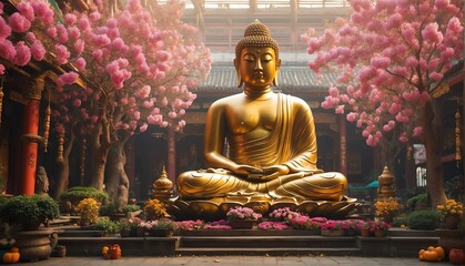 Obraz premium spring garden with giant gold buddha statue from Generative AI