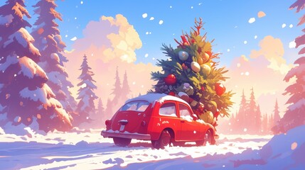 A red car adorned with a festive Christmas tree joyously welcoming the New Year amidst a picturesque snowy winter scene - obrazy, fototapety, plakaty