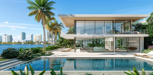 Fototapeta na wymiar modern mansion with pool and outdoor seating, white walls, glass windows, tropical palm trees, blue sky, white modern architecture