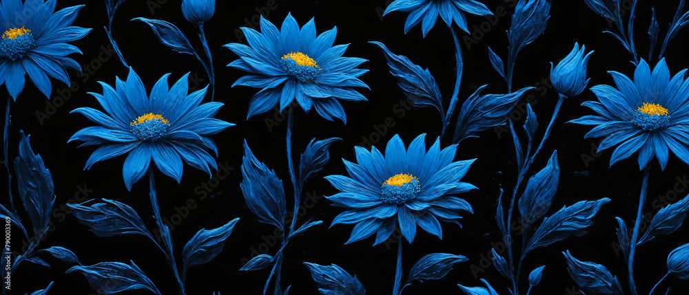 Wall mural Closeup painting of a nightly field full of blue flowers, gerbera