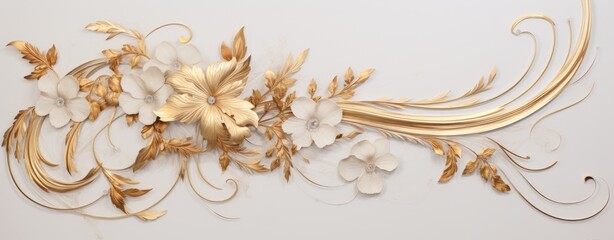 White and Gold Feather Floral Relief Wall Art Panel.