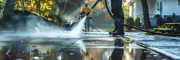 Workers using pressure washer to deep clean driveway for professional cleaning service. Concept Pressure Washing, Driveway Cleaning, Professional Service, Outdoor Maintenance, Workers at Work