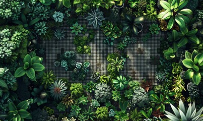 Fototapeta na wymiar Craft a pixel art digital rendering of an aerial view of a unique botanical sanctuary, featuring a mesmerizing array of rare plants in a dynamic, retro-inspired style