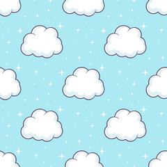 White cartoon clouds on blue background. Vector seamless pattern.