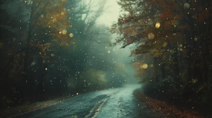 Deurstickers Mystical Autumn Forest Path with Fallen Leaves © irissca