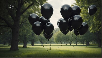 black balloons on park with giant gold buddha statue from Generative AI - obrazy, fototapety, plakaty