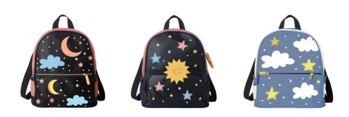 set of different backpacks featuring cartoon-themed patterns with stars, moons, and clouds, isolated on transparent background