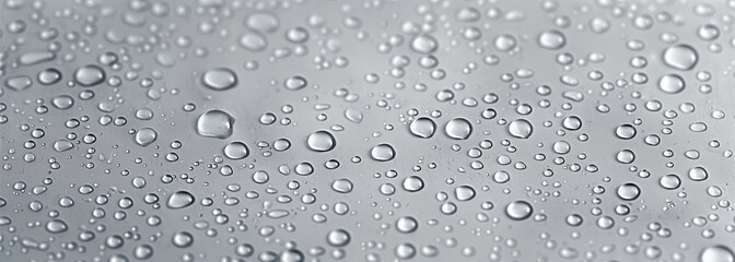 Closeup of water drops on grey background, texture for design or wallpaper. Water droplets, droplet, surface, surface, grey, gray, raindrops