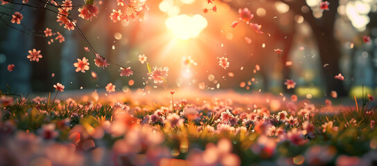 A flowers with a sun shining on them. The sun is in the middle of the field and the flowers are scattered all around it, Spring Concept, background for banner - Powered by Adobe