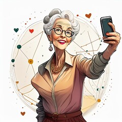 Ältere Frau macht eine selfie und sendet an sozialen netzwerke. 