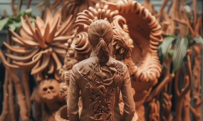 Craft a stunning clay sculpture depicting the captivating rare plant exhibition from behind, showcasing the dynamic shapes and sizes of the plants, inviting viewers to appreciate the beauty and divers