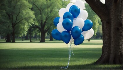 blue and white balloons on park with giant gold buddha statue from Generative AI
