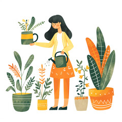 Playful Illustration of Happy Woman Watering Indoor Garden Plants