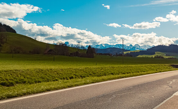 Alpine view on a cloudy spring day near Aarberg, Seeland, Bern, Switzerland