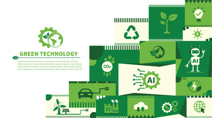 The Concept of AI, Artificial Intelligence and Green Technology For Sustainability Development. Ecology Icons, Environment Vector, Eco Friendly and Green Economy. Flat Doodle Template Design.