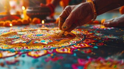 banner background Theravada New Year Day theme, and wide copy space, A close-up of a ceremonial sand mandala being created by monks as part of the New Year rituals, 
