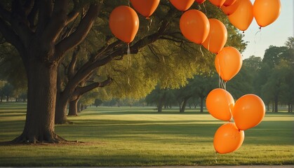 orange balloons on park with giant gold buddha statue from Generative AI