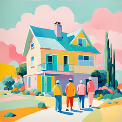 A rear view of four geometric shapes and pastel color human-like figurines near a neat colorful two-story building with a garden and some trees