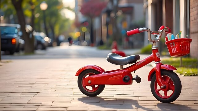 A shiny red tricycle parked on the sidewalk, waiting for an adventurous child to hop on and explore their surroundings


