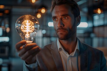 Innovation Glow: Man Holding Light Bulb with Brain Illustration in a Dark Room