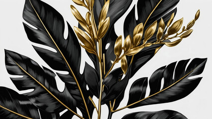 Golden palm leaves on white and black marble background, template, postcard - Vector illustration
