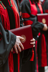 Close-up of graduates holding diplomas during commencement.