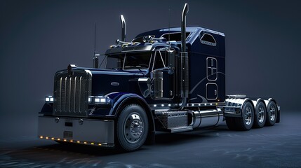 create an image of a big darkblue american truck with zilver accents. copy space for text.