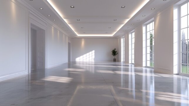 A large, empty room with a white ceiling and white walls. The room is very spacious and has a clean, minimalist look. There is a potted plant in the middle of the room