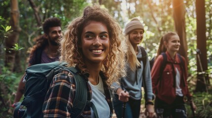 A group hiking through a beautiful forest